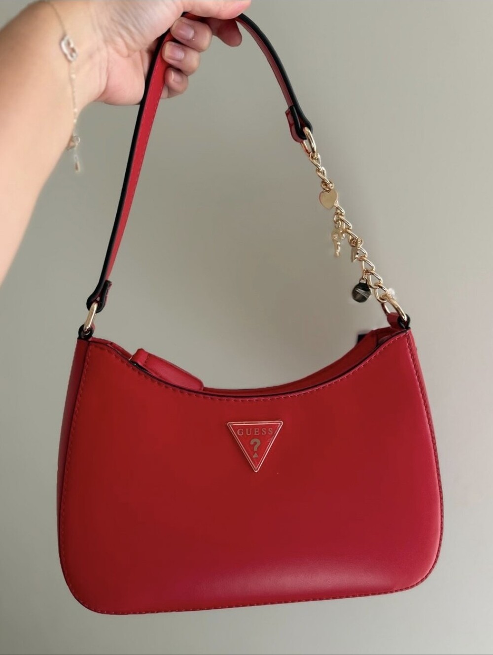 GUESS Red Shoulder Bag with Gold Charm Strap
